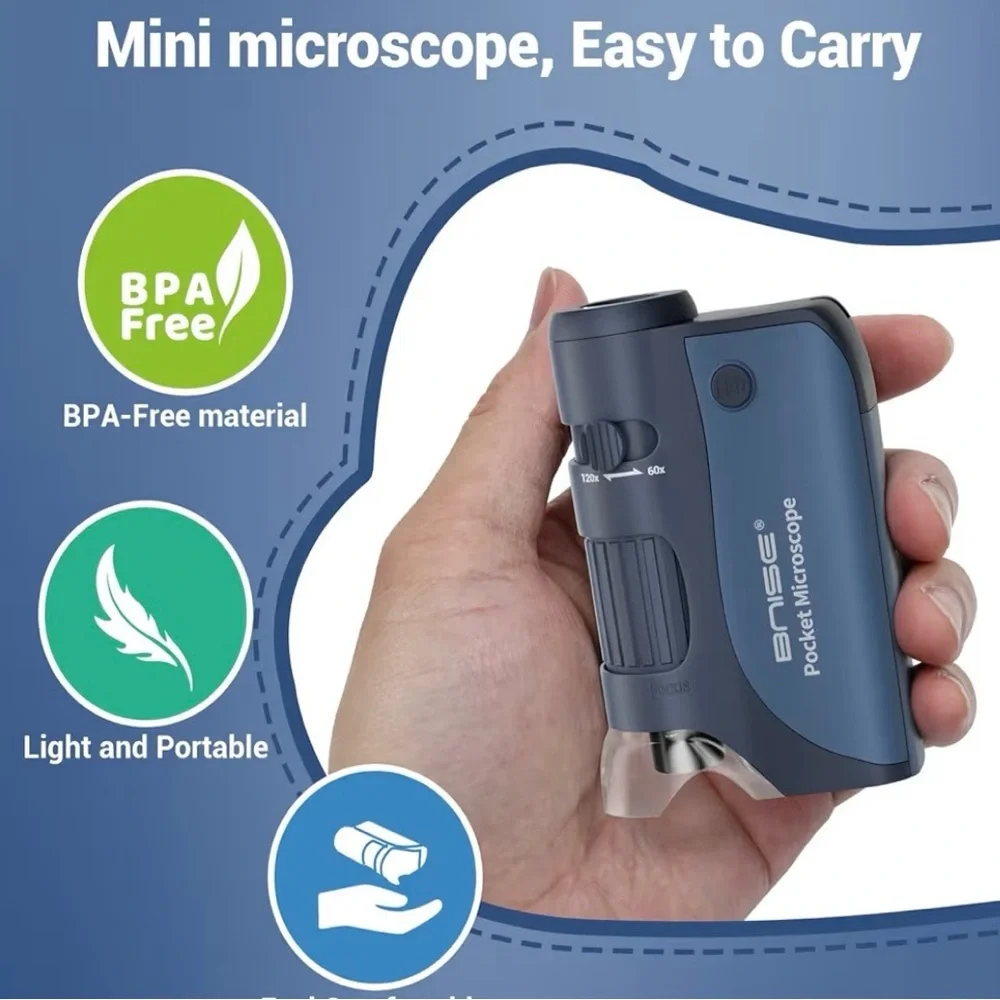 Pocket Microscope 60X-120X‎ LED Handheld Kids Science Mini Microscope w/ Slides
